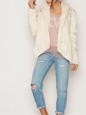 Free People Cream Faux Fur Cascade Jacket with Embroidery Large